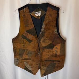 VTG 90s Sonika Patchwork Leather Vest M Novelty Cartoon Outdoor Art Folk Quirky